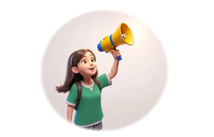 High Quality 3D Character Illustration of a Girl and Megaphone